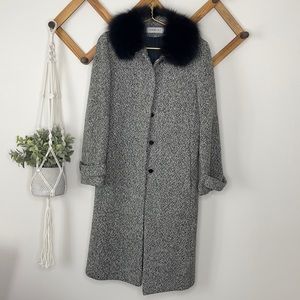 Wool Tweed Trench Coat with Fur Detail
